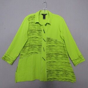 Ali Miles Top Tunic Small Bright Green Crinkle Lagenlook Relaxed Stick‎ Button